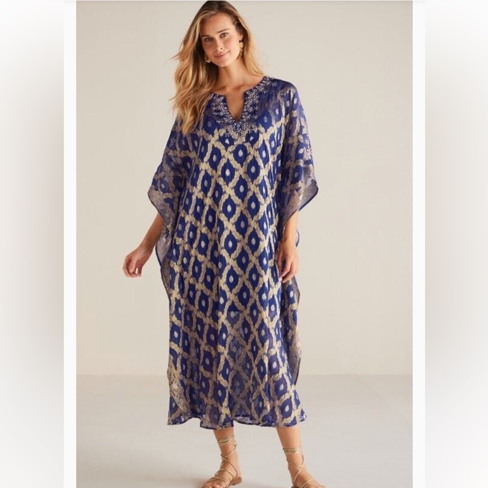 Soft Surroundings Royal Blue and Gold Embellished Caftan Dress NWT $200 *526
